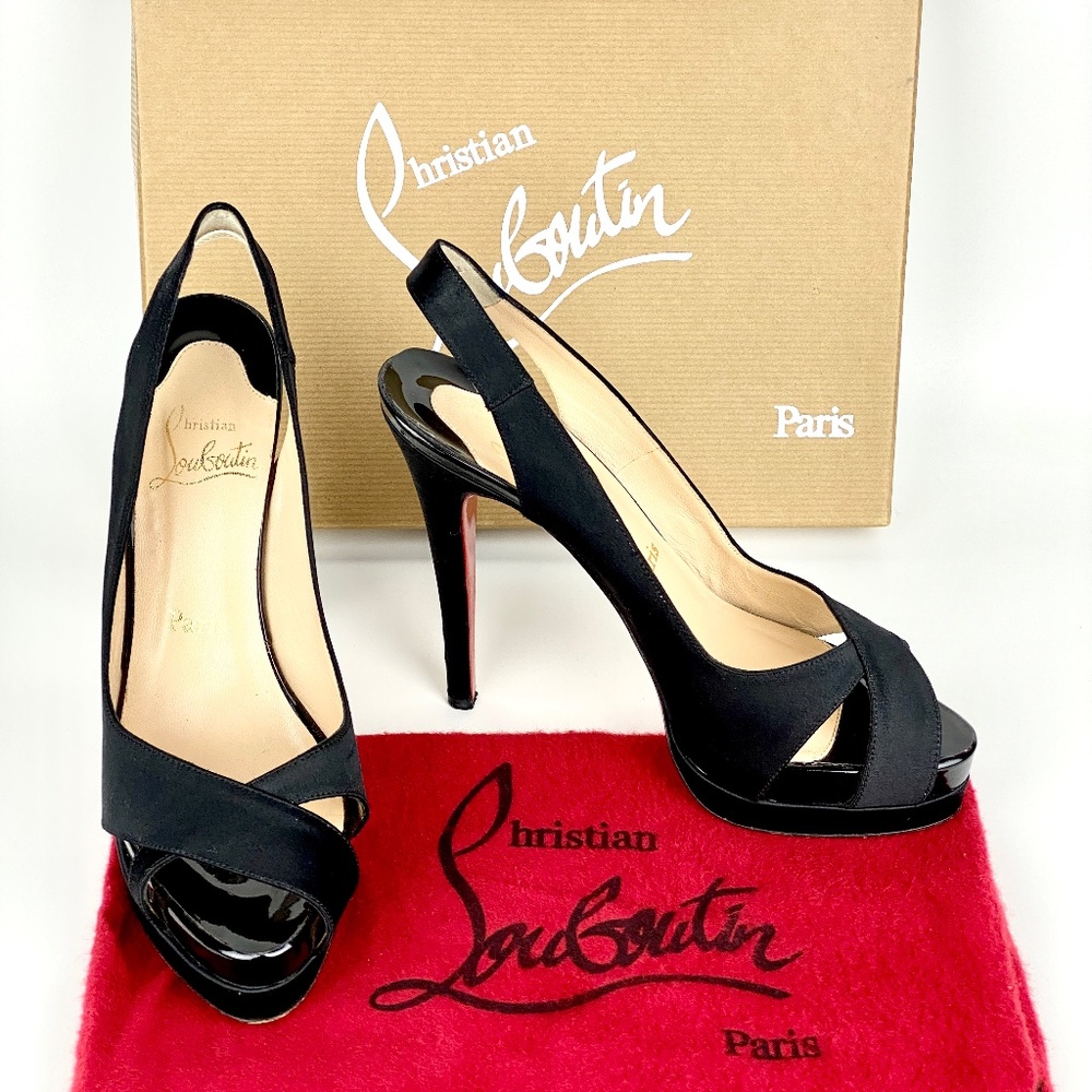 Christian Louboutin Platform Heels Very Croise Size 38.5 Black Satin Peep Toe 8 - Picture 2 of 7